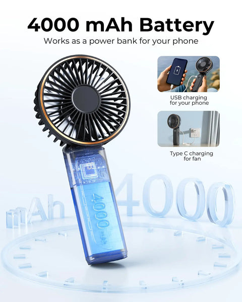 Rechargeable Portable Handheld Fan With 4000mAh Battery, showing power bank feature and USB charging options