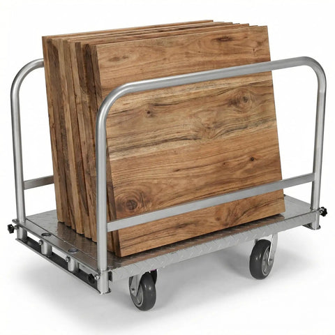 Heavy Duty Steel Platform Truck With Three Side Handrails And 2500 Lb Capacity carrying wood panels on a diamond plate base.