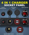 4 In 1 12V USB Panel With LED Voltmeter, Dual USB Charger Socket, Cigarette Lighter Socket, And Red LED Lighted Toggle Switch For Boat, Car, RV, Golf Cart, And ATV Power Hub For All Your Onboard Electronics And Lighting Needs., black 12V socket panel with voltmeter, USB ports, lighter socket, and switch