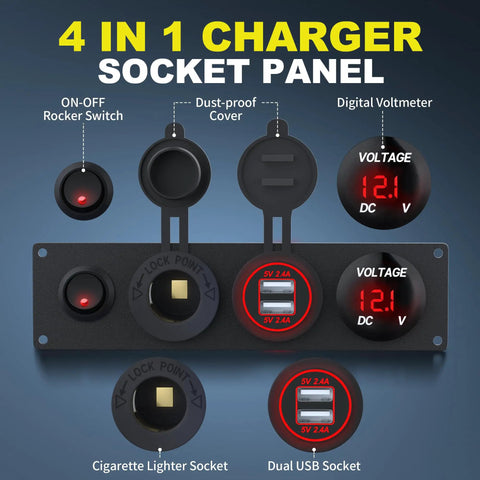 4 In 1 12V USB Panel With LED Voltmeter, Dual USB Charger Socket, Cigarette Lighter Socket, And Red LED Lighted Toggle Switch For Boat, Car, RV, Golf Cart, And ATV Power Hub For All Your Onboard Electronics And Lighting Needs., black 12V socket panel with voltmeter, USB ports, lighter socket, and switch