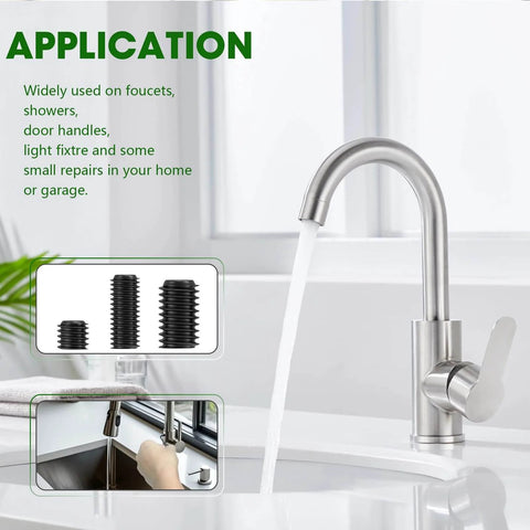 500 Piece Black Alloy Steel Set Screw Kit With Twenty Five Sizes Metric And SAE For Bathroom Fixtures And Door Handles From M Three To M Eight And One Eighth To Five Sixteenths Inch Threads Your Go To Fix It Up Kit For Quick Repairs And DIY Projects image showing set screws and faucet application