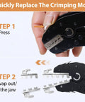 All In One 6 In 1 Crimping Tool Kit With Quick Change 6 Dies Ratcheting Wire Crimper Tool For DuPont Ferrule Open Barrel Heat Shrink Insulated Non Insulated Solar Case Included showing die changing process