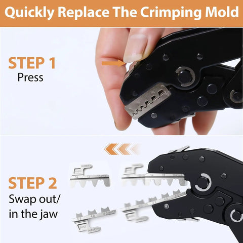 All In One 6 In 1 Crimping Tool Kit With Quick Change 6 Dies Ratcheting Wire Crimper Tool For DuPont Ferrule Open Barrel Heat Shrink Insulated Non Insulated Solar Case Included showing die changing process