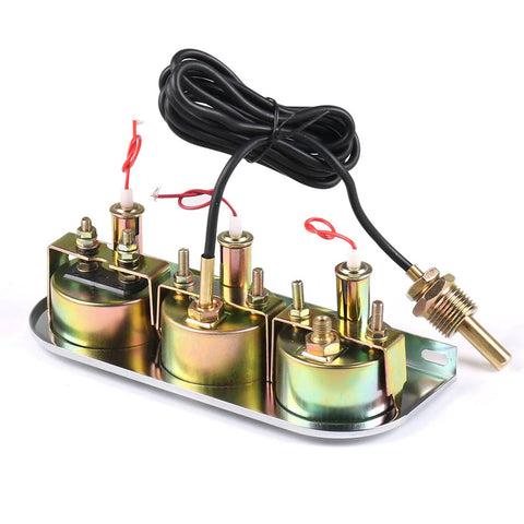 Automotive 52mm triple gauge kit on chrome panel; mechanical oil pressure, water temp, and ammeter gauges and wiring