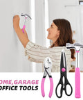 Scene showing woman using hammer from Pink 40 Piece Home Tool Kit With Carrying Box Handy Starter Kit For DIY Home Maintenance And Woodworking Ideal For College Students Grab And Go Portable Tool Set For Furniture Assembly Office Repairs And Decorating.