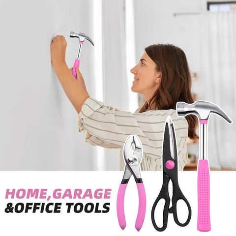 Scene showing woman using hammer from Pink 40 Piece Home Tool Kit With Carrying Box Handy Starter Kit For DIY Home Maintenance And Woodworking Ideal For College Students Grab And Go Portable Tool Set For Furniture Assembly Office Repairs And Decorating.