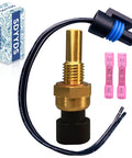 Front view of SDYYDS engine coolant temperature sensor with pigtail, brass threaded body, pink sleeves, box.