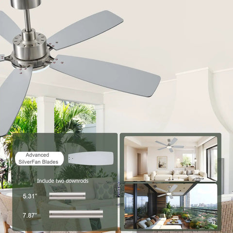 FUMLTP 52 inch Modern Ceiling Fans with Lights APP/Remote Control, Nickel featuring advanced silver blades.