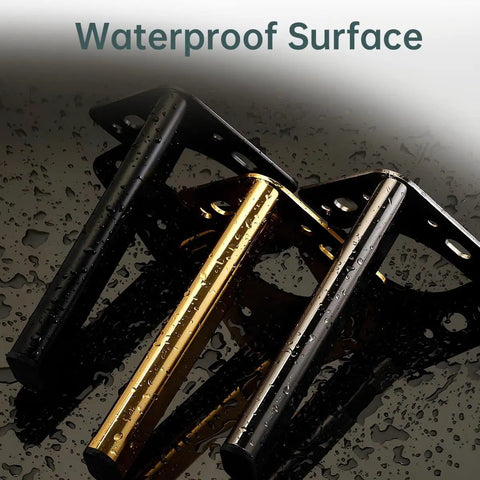 Water droplets on black, gold, and silver furniture legs with pre-drilled holes for easy DIY replacement in modern home decor.