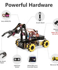 5DOF Smart Robot Arm And 4WD Remote Control Car Kit For Arduino Python Blockly Projects STEM Education Starter Kit For Teens 12 Plus And Adults Programmable Robotic Arm Car For Coding Practice Hands On Learning And Unique Gift showing components like servo, acrylic board, and battery holder.