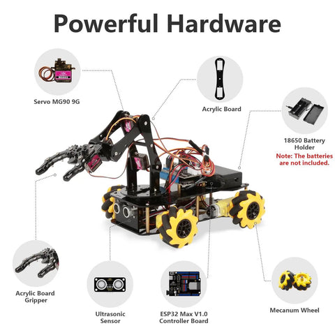 5DOF Smart Robot Arm And 4WD Remote Control Car Kit For Arduino Python Blockly Projects STEM Education Starter Kit For Teens 12 Plus And Adults Programmable Robotic Arm Car For Coding Practice Hands On Learning And Unique Gift showing components like servo, acrylic board, and battery holder.