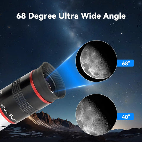 68 Degree Wide Angle Telescope Eyepiece 6mm showing enhanced lunar views at 68° and 40° angles, night sky background