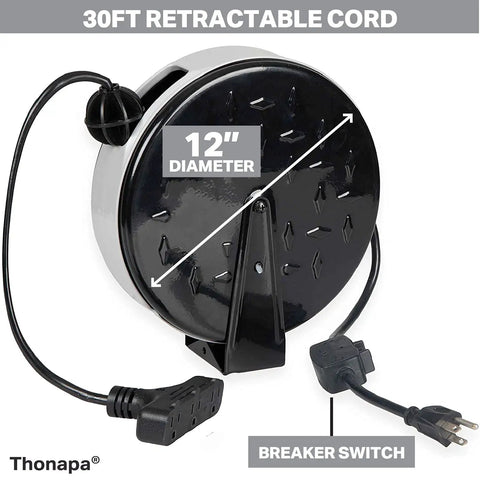 30 Ft Retractable Extension Cord Reel With Breaker Switch And 3 Grounded Outlets For Garage Ceiling, 12-inch diameter