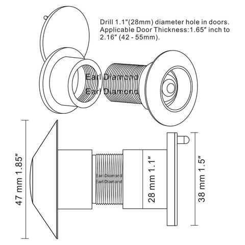 Diagram of Solid Brass Door Peephole Viewer With 220 Degree Wide Viewing Angle And Heavy Duty Rotating Privacy Cover, dimensions included