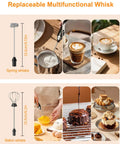 Replaceable multifunctional whisk options for Boss Level Rechargeable Handheld Milk Frother Wand with IP67 Waterproof Build.