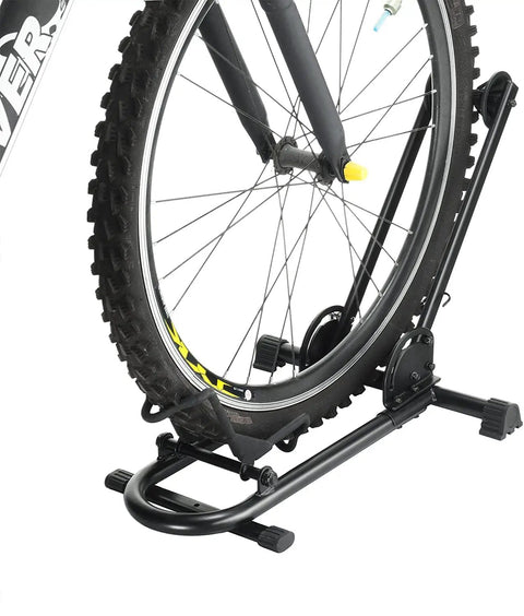 Foldable Bike Rack Floor Stand for Easy No Hassle Bike Storage fits 20mm to two point four inch wide tires on road wheels and MTBs.