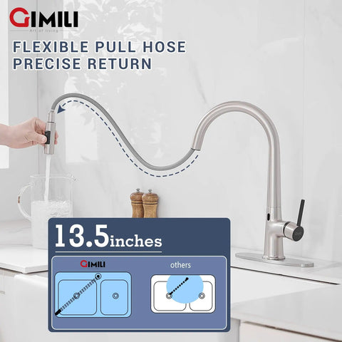 Touchless Kitchen Faucet With Pull Down Sprayer, High Arc Single Handle Motion Sensor Hands Free Sink Faucet In Brushed Nickel Finish, 0.5 Second Activation And Auto Shutoff After 3 Minutes with flexible pull hose