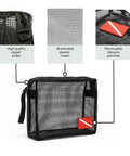 Mesh Dive Gear Bag For Snorkeling And Scuba Quick Dry Wet Gear Bag With Drainage For Beach Kayak And Water Sports Heavy Duty PVC Tote With Adjustable Shoulder Strap For Easy Carry displaying its features including zipper, mesh, and patches.