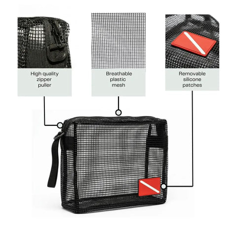 Mesh Dive Gear Bag For Snorkeling And Scuba Quick Dry Wet Gear Bag With Drainage For Beach Kayak And Water Sports Heavy Duty PVC Tote With Adjustable Shoulder Strap For Easy Carry displaying its features including zipper, mesh, and patches.