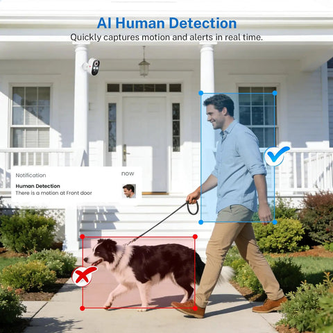 Wireless Outdoor Security Camera 1080P With Battery Power, 120 Degree Wide View mounted on porch with AI human detection