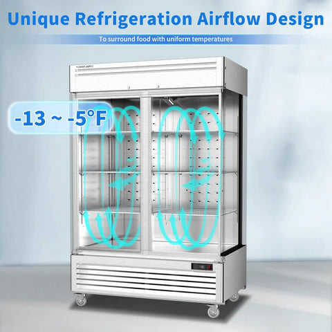 Straight Up Heavy Duty Kitchen Workhorse 54 Inch Commercial Upright Freezer Boasting 49 Cubic Feet Of Reliable Frost Free Storage With Eight Adjustable Shelves with unique refrigeration airflow design.