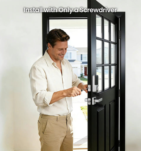 Man installing Smart Deadbolt Lock With Dual Lever Handles And Smartphone App Keyless Entry Door Lock using a screwdriver on a black door.