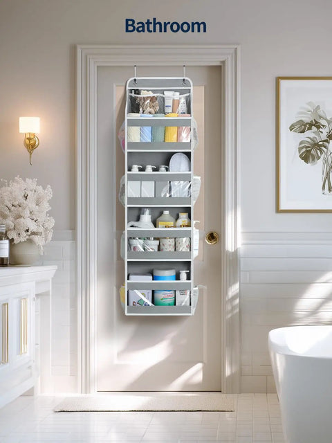 Five Tier Over The Door Organizer With Clear PVC Windows For Stuffed Animals And Everyday Storage Must Have For Bedroom Nursery Closet Dorm Laundry Pantry And Bathroom Grey showing bathroom use.