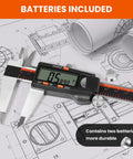 Front view of HARDELL digital caliper, 0-8 in, LCD display, stainless steel, on blueprint drawings.