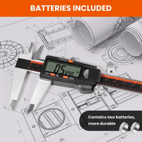 Front view of HARDELL digital caliper, 0-8 in, LCD display, stainless steel, on blueprint drawings.