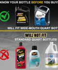 Image showing bottles that fit 30cc Hand Fluid Transfer Pump For Gallon And Wide Mouth Bottles and those that do not.
