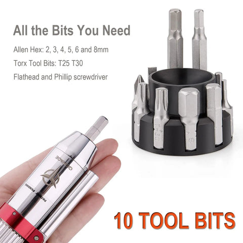 10 tool bits for Adjustable Torque Wrench for Bikes 3 to 10 Nm Range Aluminum Alloy T Shape Handle Includes Allen Wrenches and Screwdrivers