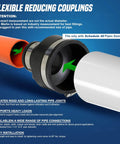 Flexible PVC Reducing Coupling With Stainless Steel Clamps For Four Inch By One And One Half Inch Nominal Pipe DWV Drain Waste And Vent System Indoors Or Outdoors Leak Proof Durable shown connecting two pipes