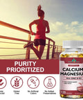 Bottle of calcium magnesium with zinc and D3 supplements beside a woman jogging on a bridge, purity prioritized focus.