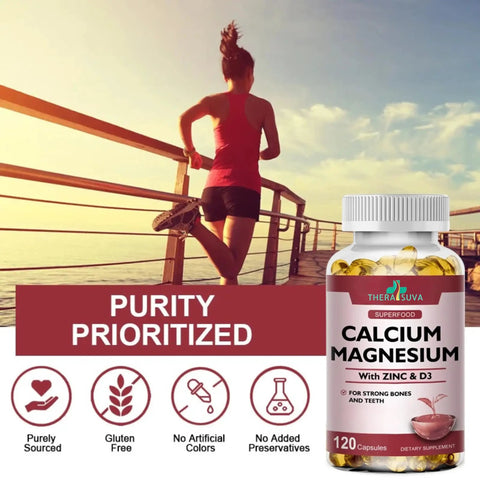 Bottle of calcium magnesium with zinc and D3 supplements beside a woman jogging on a bridge, purity prioritized focus.