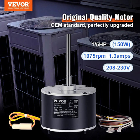 Condenser Fan Motor One Fifth Horsepower 1075 RPM With Overheat Protection 208 To 230 Volt Reversible CW CCW Includes Capacitor