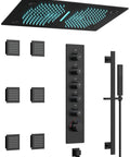 27 Point 5 Inch Ceiling Mount Shower System With Thermostatic Control And 64 Color Led Lighting Featuring Waterfall Rainfall Rotating Jets And Handheld Sprayer In Matte Black, showcasing overhead shower panel and multiple jets.