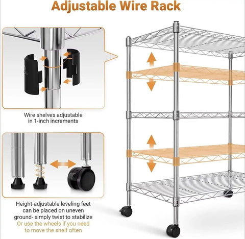 Adjustable Chrome Steel Storage Rack features 3 shelves, leveling feet, and wheels for easy mobility, Heavy Duty 3 Tier Wire Shelving Cart With Smooth Rolling Wheels.