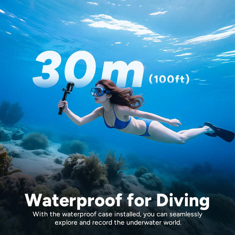 Woman diving underwater with 4K Action Camera Kit With 128GB Card, Wearable Body POV Camera, showing waterproof capability
