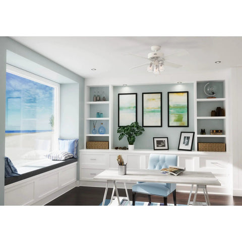 Living room with Modern 52 Inch Matte White Ceiling Fan With LED Light And Pull Chain Multi Speed WhisperWind Motor