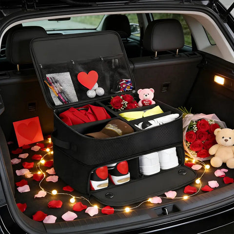Golf Trunk Organizer With Two Layer Storage And Separate Compartment For Two Pairs Of Shoes in car trunk with gifts and roses