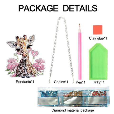 Diamond Painting Hanging Pendant Kit For Adults, DIY Acrylic Rhinestone Sun Catcher with giraffe pendant, chain, pen, and tray