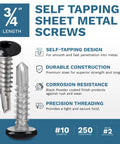250 Pack Black Self Tapping Sheet Metal Screws For RV And Trailer Skin, Number Ten By Three Quarters Inch With Double Square Drive Bit