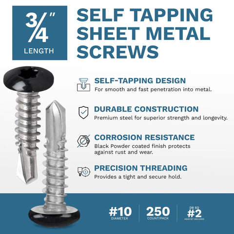 250 Pack Black Self Tapping Sheet Metal Screws For RV And Trailer Skin, Number Ten By Three Quarters Inch With Double Square Drive Bit