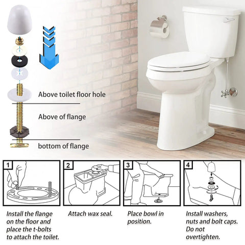 Illustration showing installation of Toilet Flange With Wax Ring Replacement Kit For 3 Inch Or 4 Inch Pipes With Bolts PVC Flange Repair Kit
