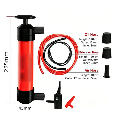 Handy Dual Use Pull Out Cylinder Manual Siphon Pump Portable High Pressure Fluid Transfer Extractor For Car Oil Water Tyre Inflation With Hoses Adapters, showing hoses and measurement.