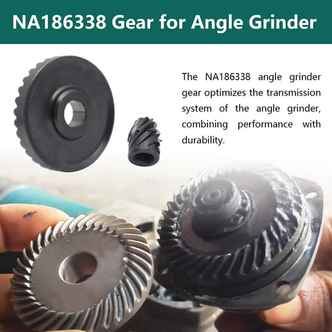Spiral Bevel Gear Kit For Angle Grinder Replacement Part NA186338, includes ring gear and pinion, shown in hand for scale