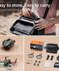 4K EIS Drone With Built In 4 Point 5 Inch Screen, compact size, accessories shown, fits in portable carrying case for easy travel