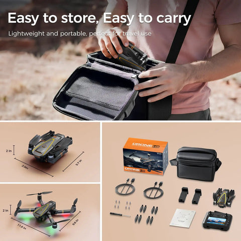4K EIS Drone With Built In 4 Point 5 Inch Screen, compact size, accessories shown, fits in portable carrying case for easy travel