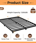 Rock Solid Full Size Bed Frame With Heavy Duty Steel Slat Support Ultra Low Profile Platform Design Ditch Box Spring Quick Setup showing dimensions, 1200lb capacity.