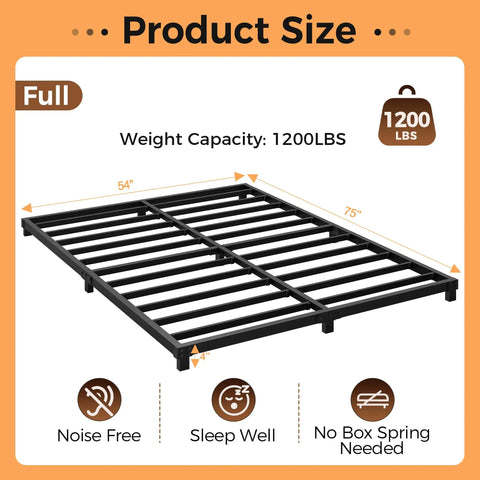 Rock Solid Full Size Bed Frame With Heavy Duty Steel Slat Support Ultra Low Profile Platform Design Ditch Box Spring Quick Setup showing dimensions, 1200lb capacity.